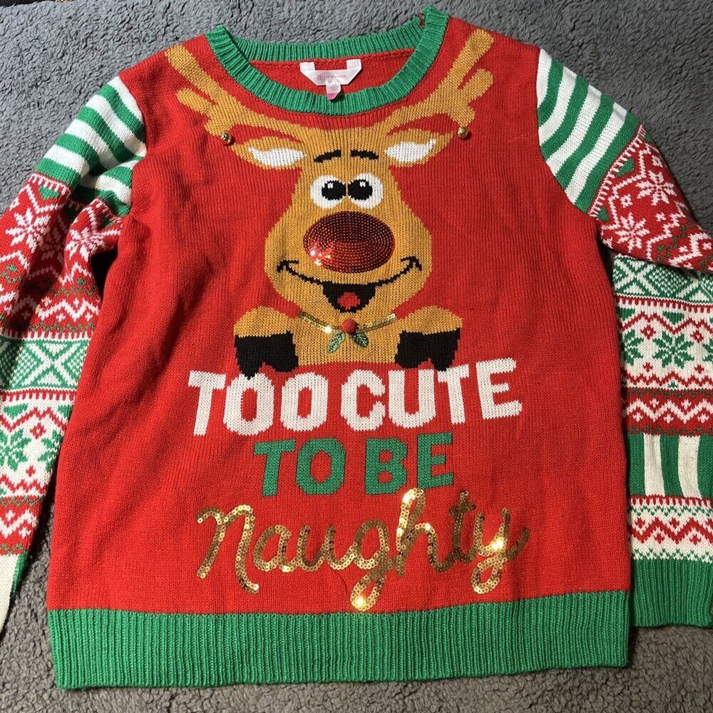 NoBo Christmas Ugly Sweater‎ Juniors Large Sequins Too Cute To Be Naughty Tacky